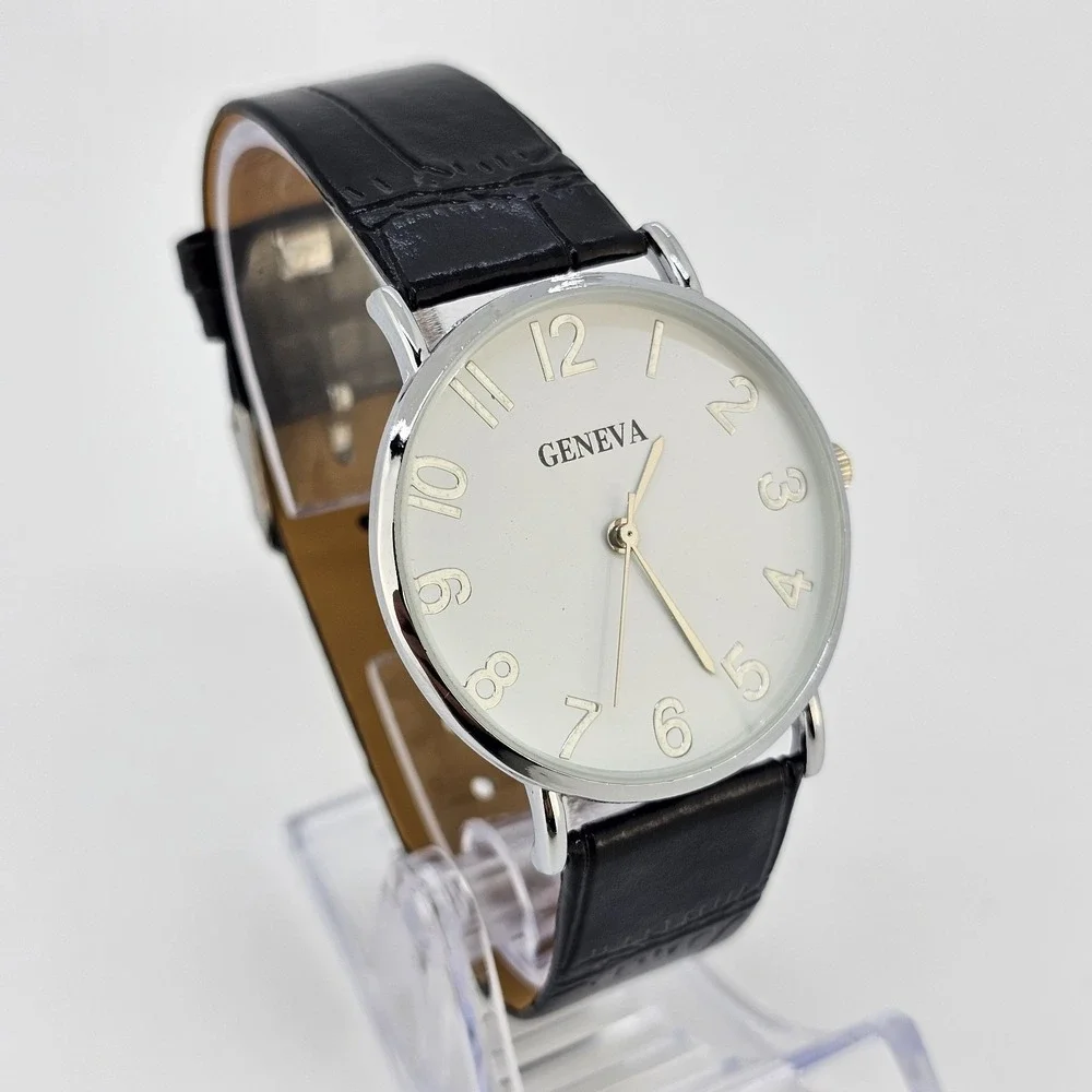 Men's Analog Watch 38MM White Dial Black Faux‎ Leather Bands New Battery